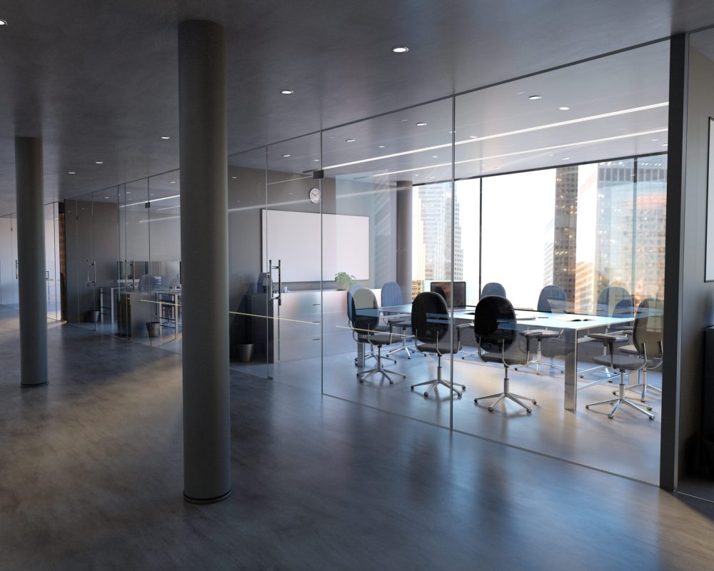 View of a Glass Office Room Wall Mockup - 3d rendering